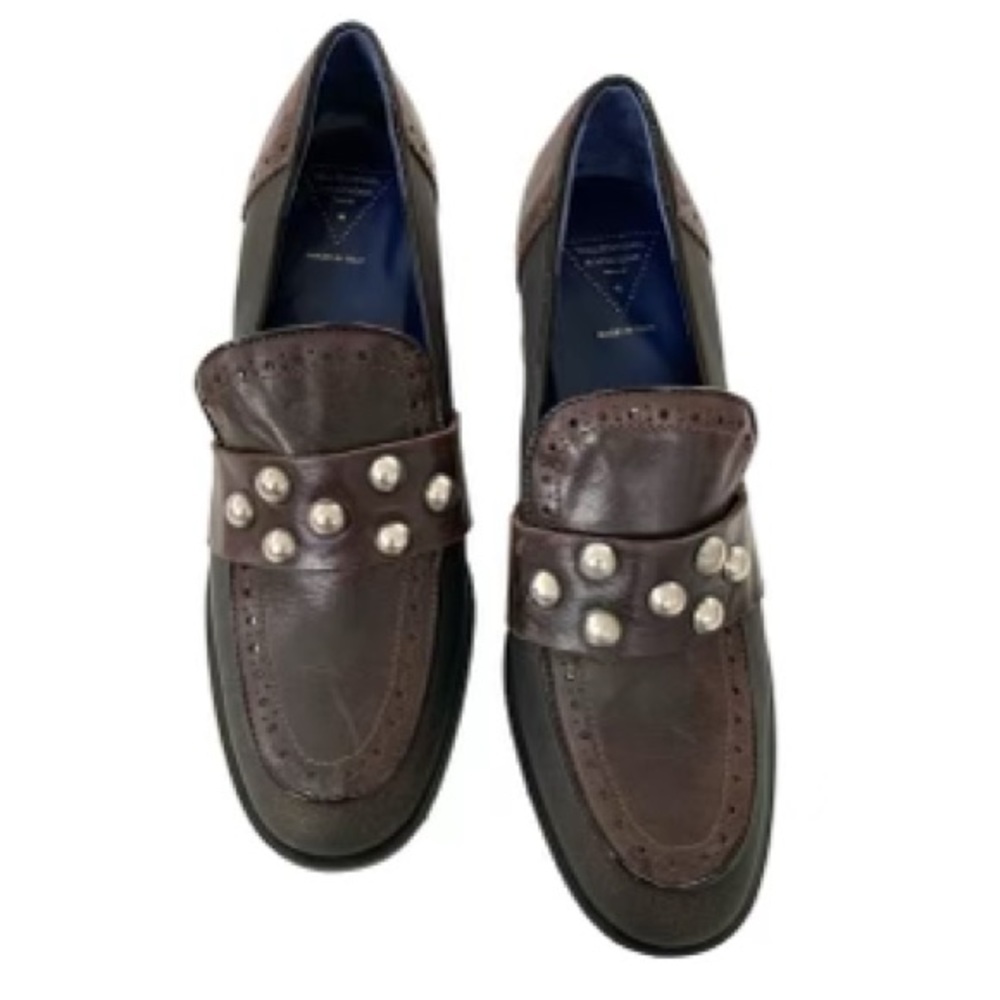Valentina Rangoni Brown Leather Studded Heeled Loafers 7.5 New Italian
